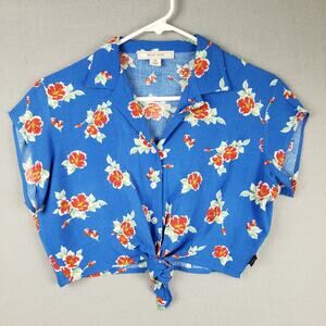 Tie Up Hawaiian‎ Crop Top Blue Red Tropical Floral Beach Cowgirl Rockabilly Sz M